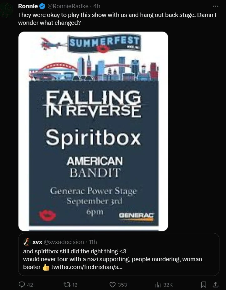 Falling In Reverse Frontman Ronnie Radke Takes Shot At Spiritbox Over ...